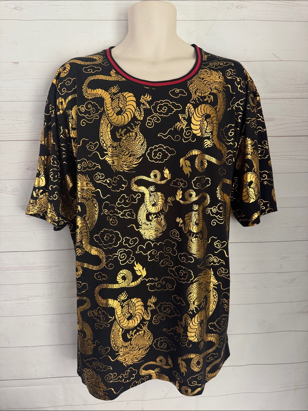 Drill Clothing Company Sz 3X Men's Black & Gold Dragon Print Short Sleeve Shirt